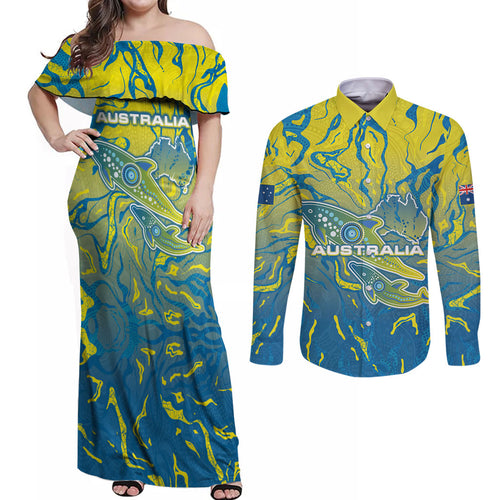 Australia National Swimming Team Couples Matching Off Shoulder Maxi Dress and Long Sleeve Button Shirt Aboriginal Shark Dot Pattern Ocean Art