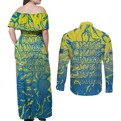Australia National Swimming Team Couples Matching Off Shoulder Maxi Dress and Long Sleeve Button Shirt Aboriginal Shark Dot Pattern Ocean Art