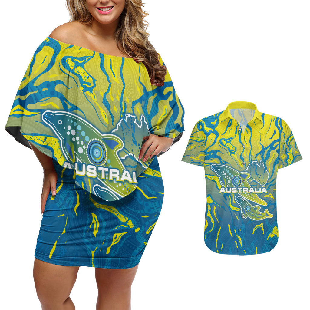 Australia National Swimming Team Couples Matching Off Shoulder Short Dress and Hawaiian Shirt Aboriginal Shark Dot Pattern Ocean Art