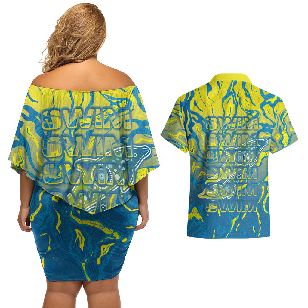 Australia National Swimming Team Couples Matching Off Shoulder Short Dress and Hawaiian Shirt Aboriginal Shark Dot Pattern Ocean Art