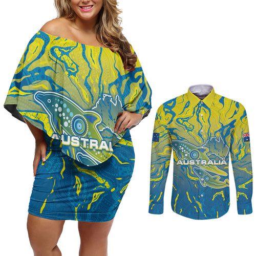 Australia National Swimming Team Couples Matching Off Shoulder Short Dress and Long Sleeve Button Shirt Aboriginal Shark Dot Pattern Ocean Art