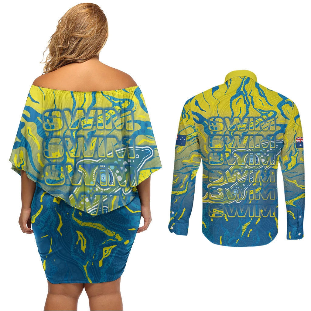 Australia National Swimming Team Couples Matching Off Shoulder Short Dress and Long Sleeve Button Shirt Aboriginal Shark Dot Pattern Ocean Art