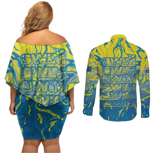 Australia National Swimming Team Couples Matching Off Shoulder Short Dress and Long Sleeve Button Shirt Aboriginal Shark Dot Pattern Ocean Art