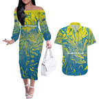 Australia National Swimming Team Couples Matching Off The Shoulder Long Sleeve Dress and Hawaiian Shirt Aboriginal Shark Dot Pattern Ocean Art