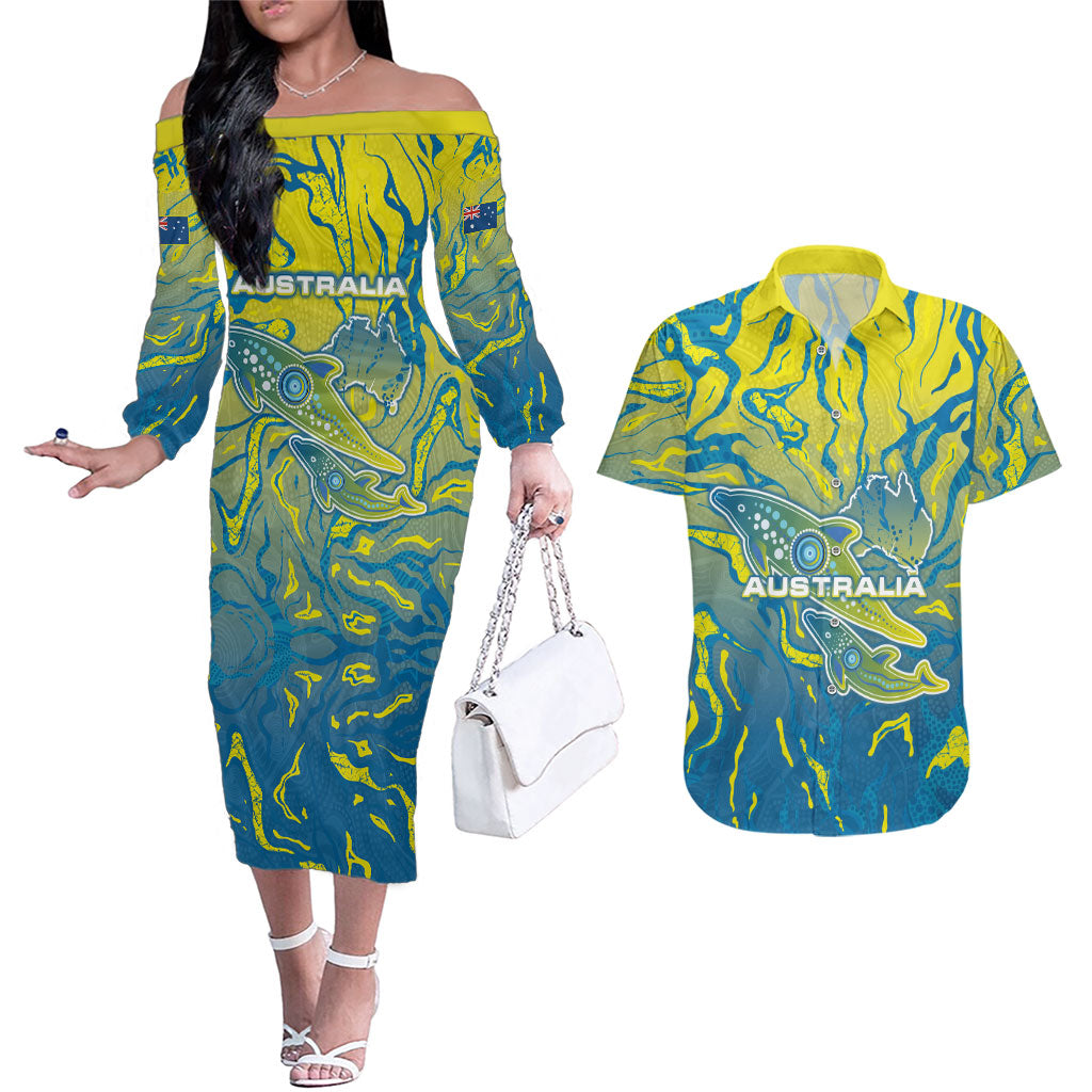 Australia National Swimming Team Couples Matching Off The Shoulder Long Sleeve Dress and Hawaiian Shirt Aboriginal Shark Dot Pattern Ocean Art