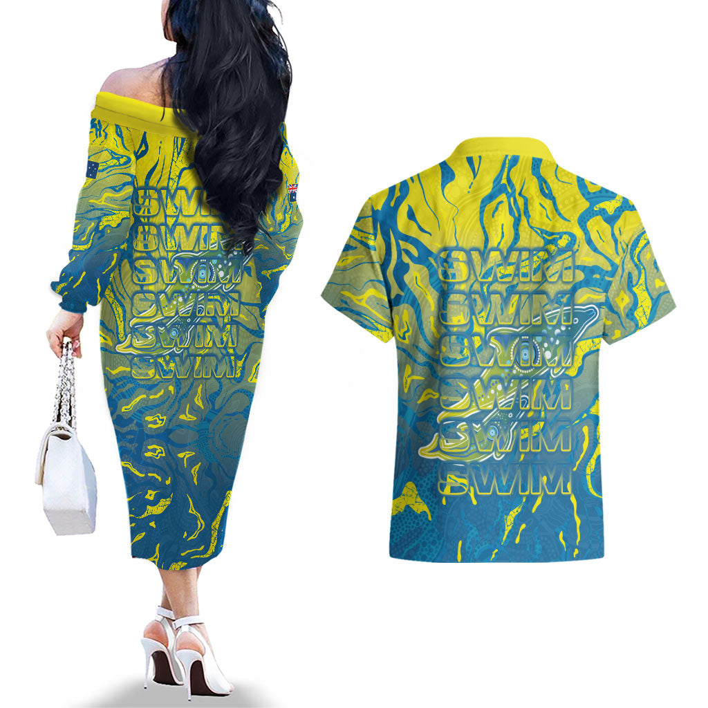 Australia National Swimming Team Couples Matching Off The Shoulder Long Sleeve Dress and Hawaiian Shirt Aboriginal Shark Dot Pattern Ocean Art