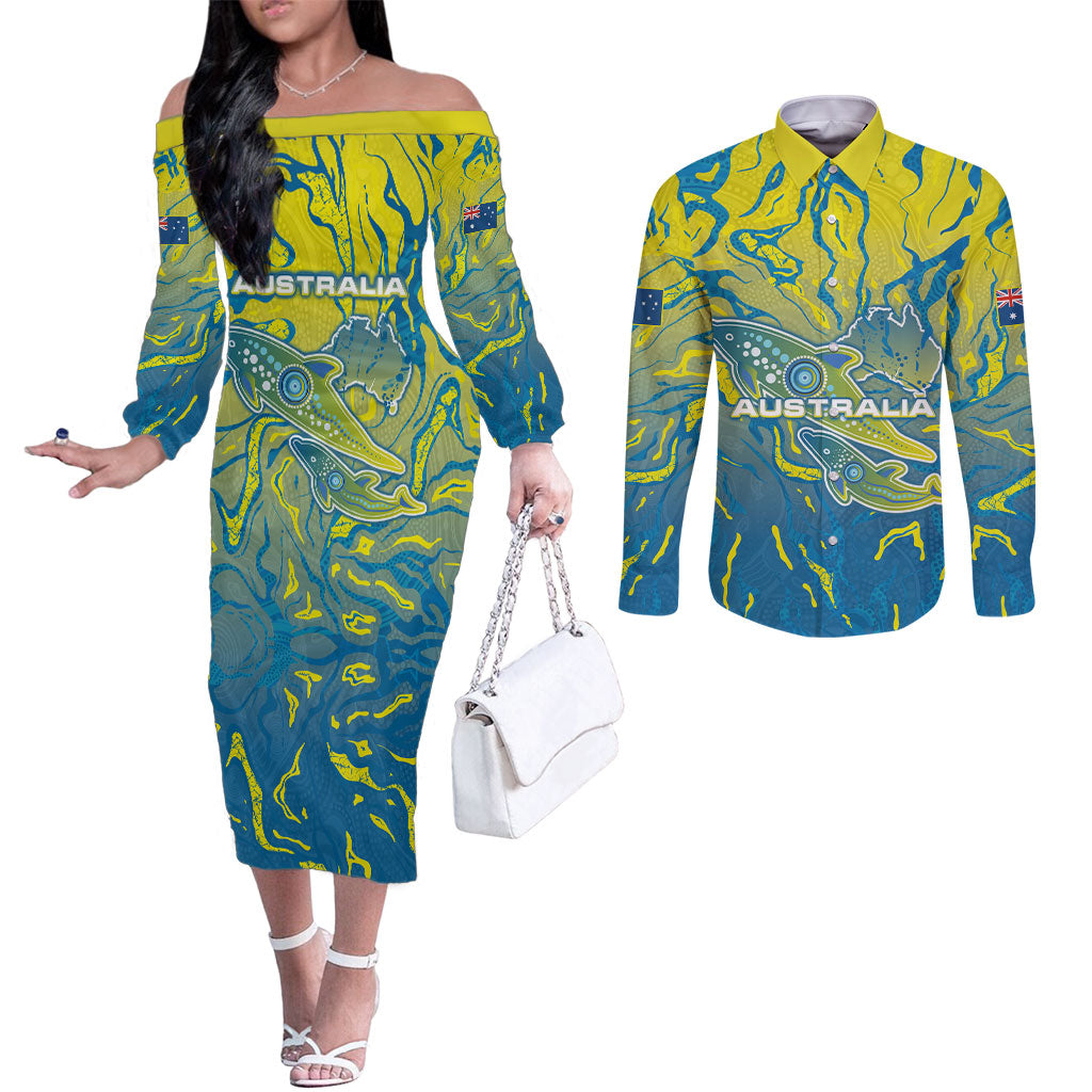 Australia National Swimming Team Couples Matching Off The Shoulder Long Sleeve Dress and Long Sleeve Button Shirt Aboriginal Shark Dot Pattern Ocean Art