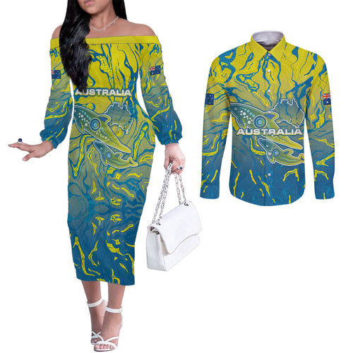 Australia National Swimming Team Couples Matching Off The Shoulder Long Sleeve Dress and Long Sleeve Button Shirt Aboriginal Shark Dot Pattern Ocean Art