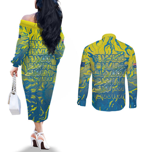 Australia National Swimming Team Couples Matching Off The Shoulder Long Sleeve Dress and Long Sleeve Button Shirt Aboriginal Shark Dot Pattern Ocean Art