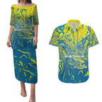 Australia National Swimming Team Couples Matching Puletasi and Hawaiian Shirt Aboriginal Shark Dot Pattern Ocean Art