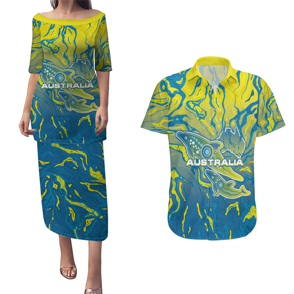 Australia National Swimming Team Couples Matching Puletasi and Hawaiian Shirt Aboriginal Shark Dot Pattern Ocean Art