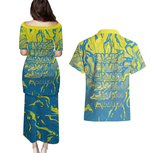 Australia National Swimming Team Couples Matching Puletasi and Hawaiian Shirt Aboriginal Shark Dot Pattern Ocean Art