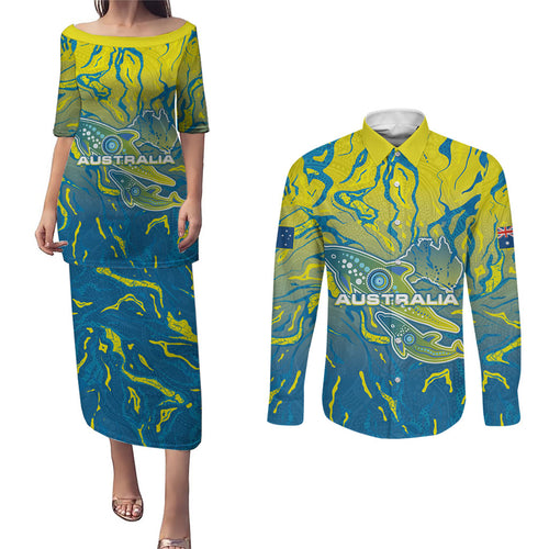 Australia National Swimming Team Couples Matching Puletasi and Long Sleeve Button Shirt Aboriginal Shark Dot Pattern Ocean Art