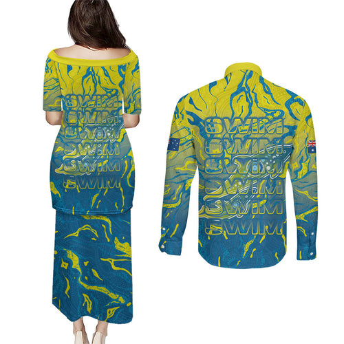 Australia National Swimming Team Couples Matching Puletasi and Long Sleeve Button Shirt Aboriginal Shark Dot Pattern Ocean Art