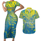 Australia National Swimming Team Couples Matching Short Sleeve Bodycon Dress and Hawaiian Shirt Aboriginal Shark Dot Pattern Ocean Art