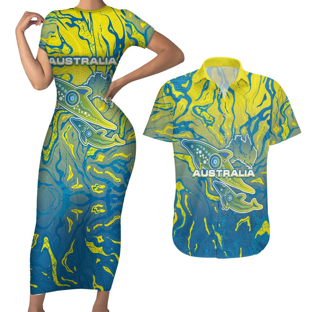 Australia National Swimming Team Couples Matching Short Sleeve Bodycon Dress and Hawaiian Shirt Aboriginal Shark Dot Pattern Ocean Art