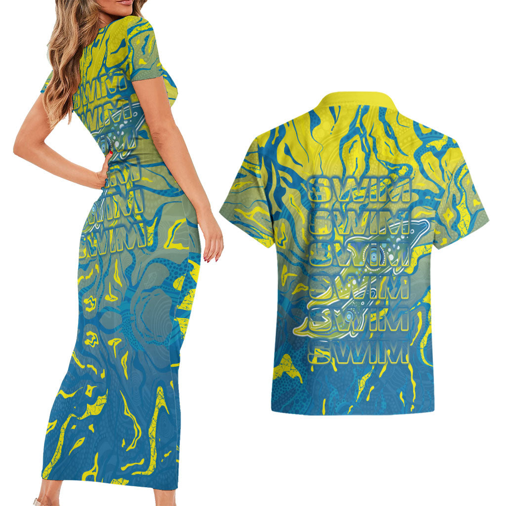 Australia National Swimming Team Couples Matching Short Sleeve Bodycon Dress and Hawaiian Shirt Aboriginal Shark Dot Pattern Ocean Art
