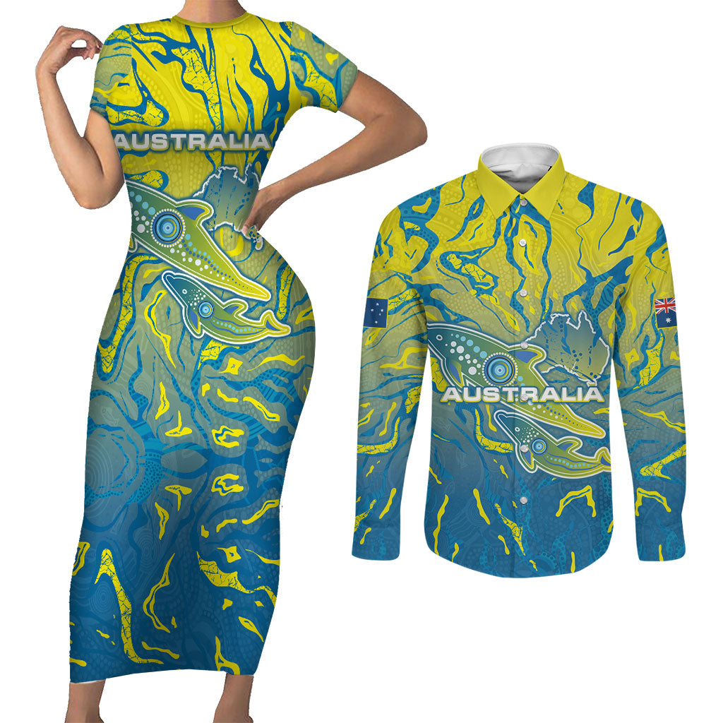 Australia National Swimming Team Couples Matching Short Sleeve Bodycon Dress and Long Sleeve Button Shirt Aboriginal Shark Dot Pattern Ocean Art