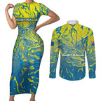 Australia National Swimming Team Couples Matching Short Sleeve Bodycon Dress and Long Sleeve Button Shirt Aboriginal Shark Dot Pattern Ocean Art