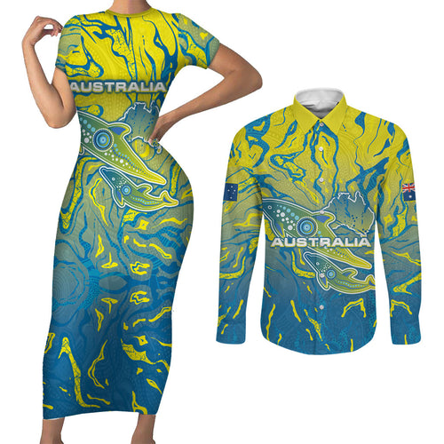 Australia National Swimming Team Couples Matching Short Sleeve Bodycon Dress and Long Sleeve Button Shirt Aboriginal Shark Dot Pattern Ocean Art