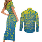 Australia National Swimming Team Couples Matching Short Sleeve Bodycon Dress and Long Sleeve Button Shirt Aboriginal Shark Dot Pattern Ocean Art