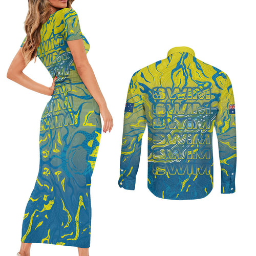 Australia National Swimming Team Couples Matching Short Sleeve Bodycon Dress and Long Sleeve Button Shirt Aboriginal Shark Dot Pattern Ocean Art