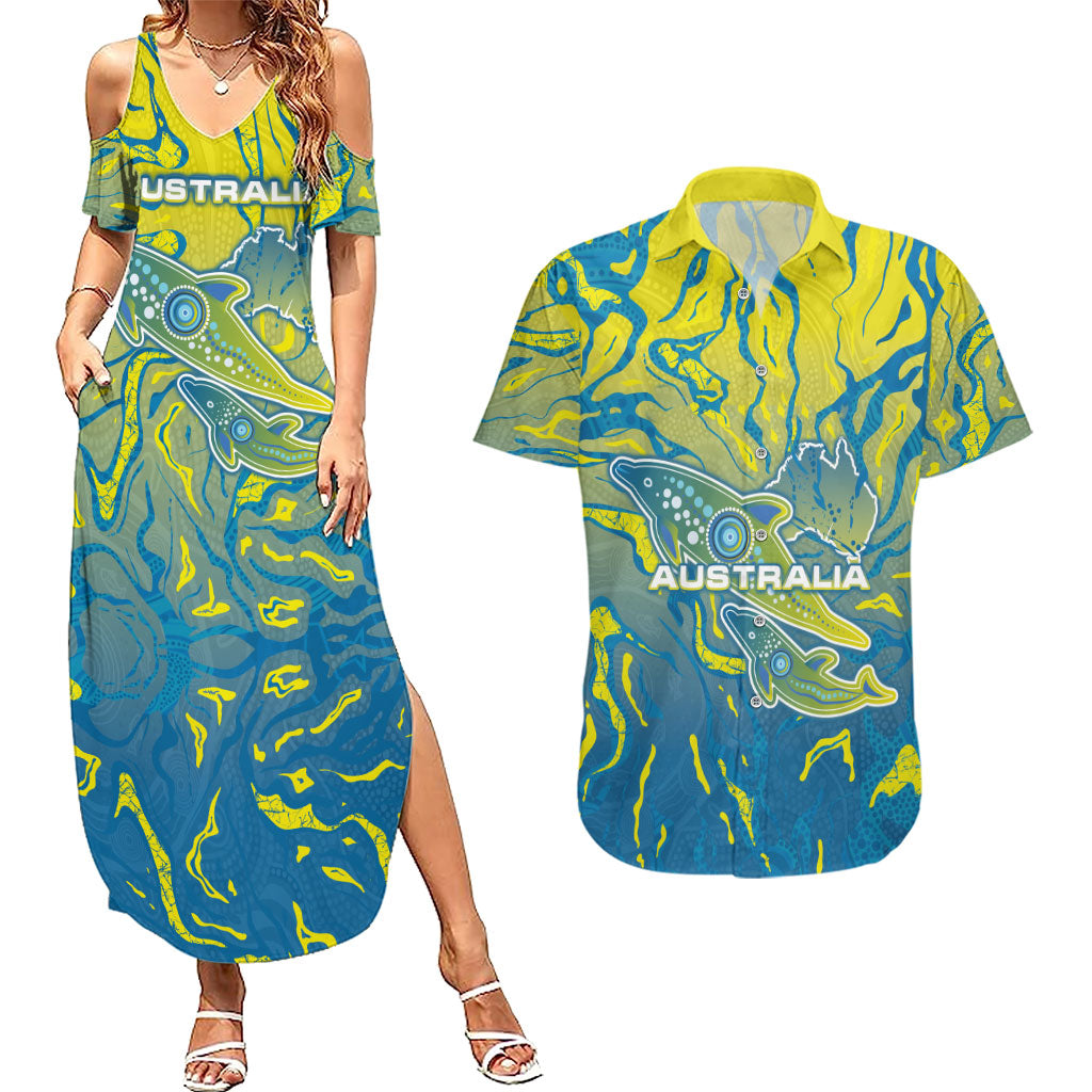 Australia National Swimming Team Couples Matching Summer Maxi Dress and Hawaiian Shirt Aboriginal Shark Dot Pattern Ocean Art