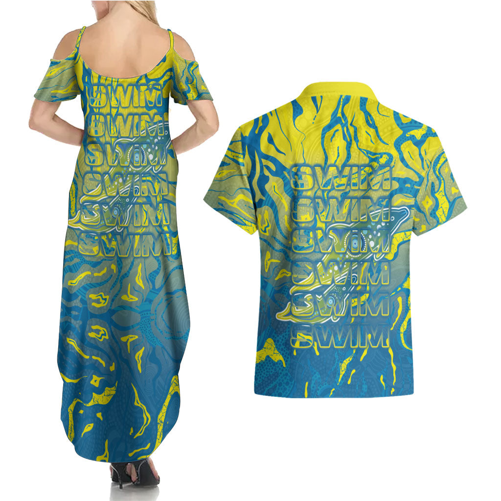 Australia National Swimming Team Couples Matching Summer Maxi Dress and Hawaiian Shirt Aboriginal Shark Dot Pattern Ocean Art
