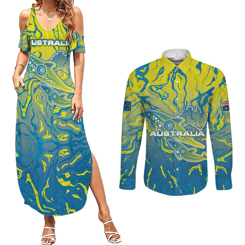 Australia National Swimming Team Couples Matching Summer Maxi Dress and Long Sleeve Button Shirt Aboriginal Shark Dot Pattern Ocean Art