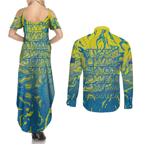 Australia National Swimming Team Couples Matching Summer Maxi Dress and Long Sleeve Button Shirt Aboriginal Shark Dot Pattern Ocean Art