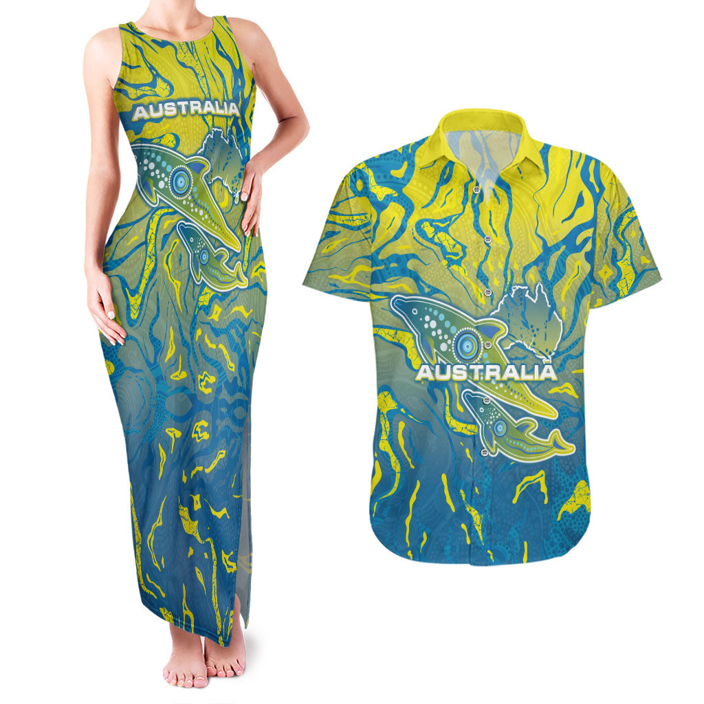 Australia National Swimming Team Couples Matching Tank Maxi Dress and Hawaiian Shirt Aboriginal Shark Dot Pattern Ocean Art