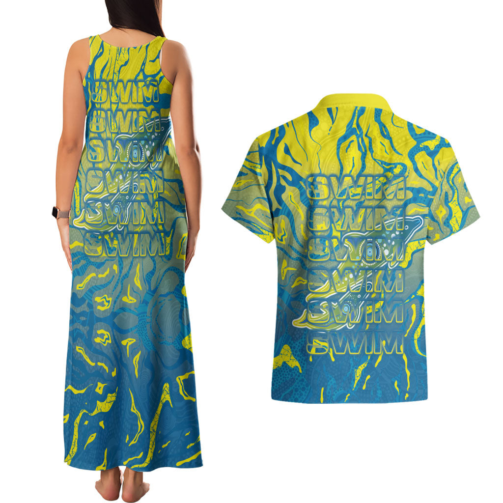 Australia National Swimming Team Couples Matching Tank Maxi Dress and Hawaiian Shirt Aboriginal Shark Dot Pattern Ocean Art