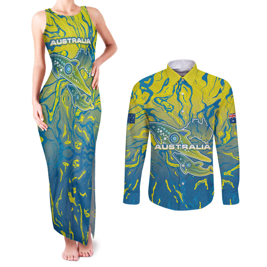 Australia National Swimming Team Couples Matching Tank Maxi Dress and Long Sleeve Button Shirt Aboriginal Shark Dot Pattern Ocean Art