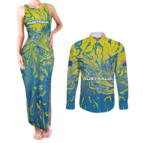 Australia National Swimming Team Couples Matching Tank Maxi Dress and Long Sleeve Button Shirt Aboriginal Shark Dot Pattern Ocean Art