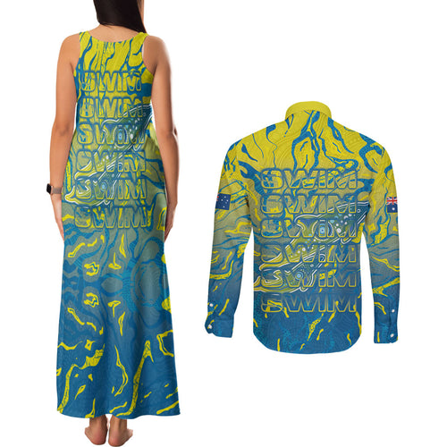 Australia National Swimming Team Couples Matching Tank Maxi Dress and Long Sleeve Button Shirt Aboriginal Shark Dot Pattern Ocean Art