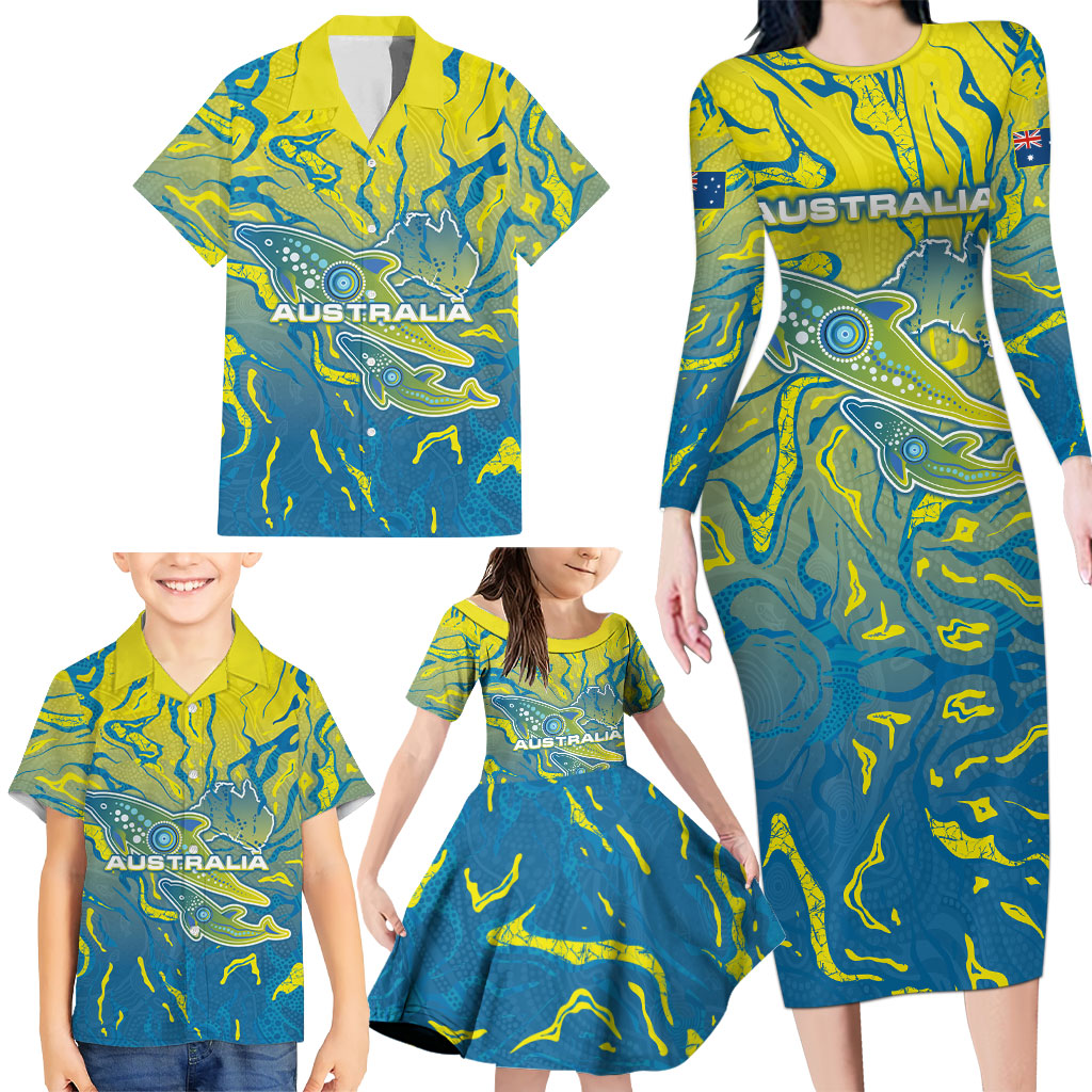 Australia National Swimming Team Family Matching Long Sleeve Bodycon Dress and Hawaiian Shirt Aboriginal Shark Dot Pattern Ocean Art