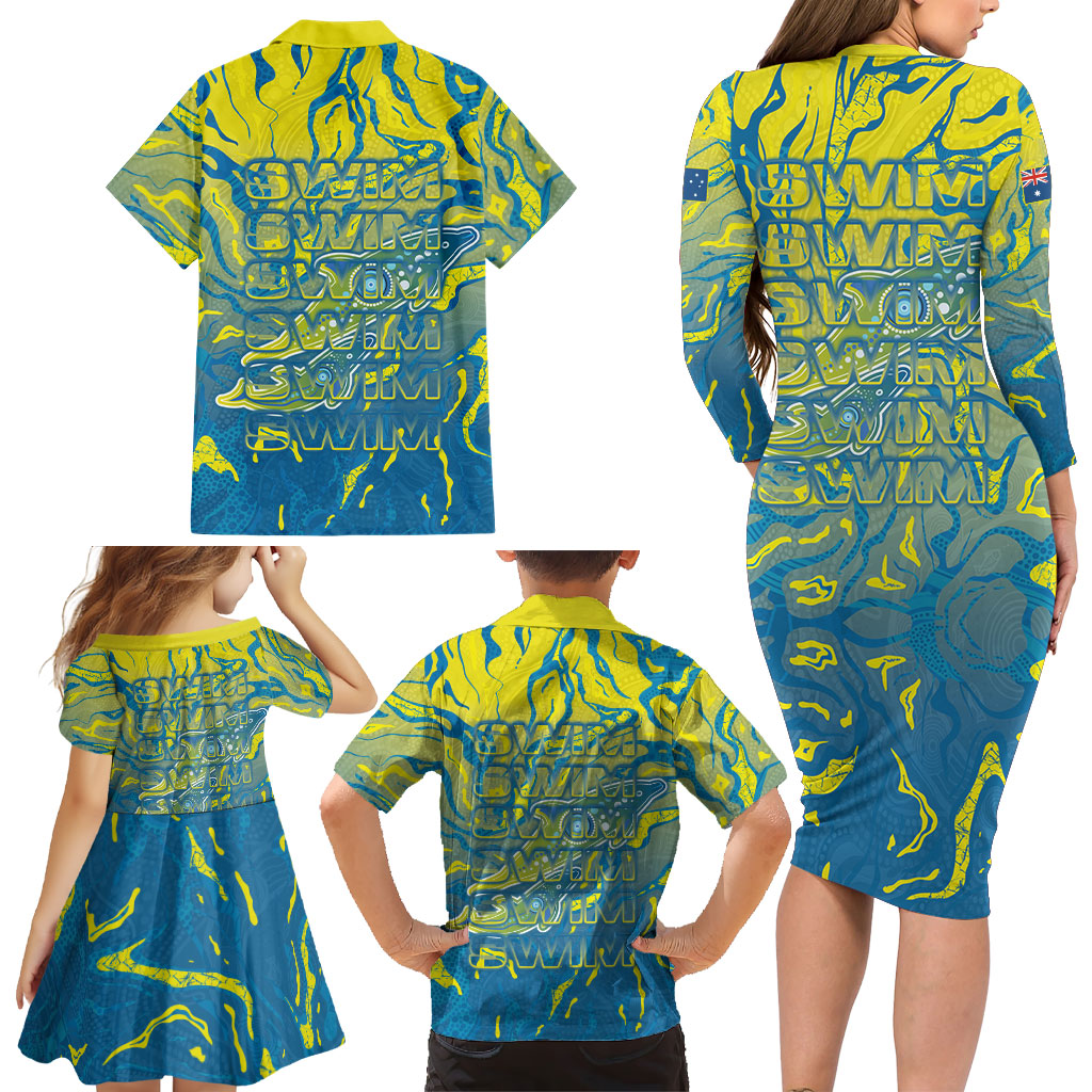 Australia National Swimming Team Family Matching Long Sleeve Bodycon Dress and Hawaiian Shirt Aboriginal Shark Dot Pattern Ocean Art