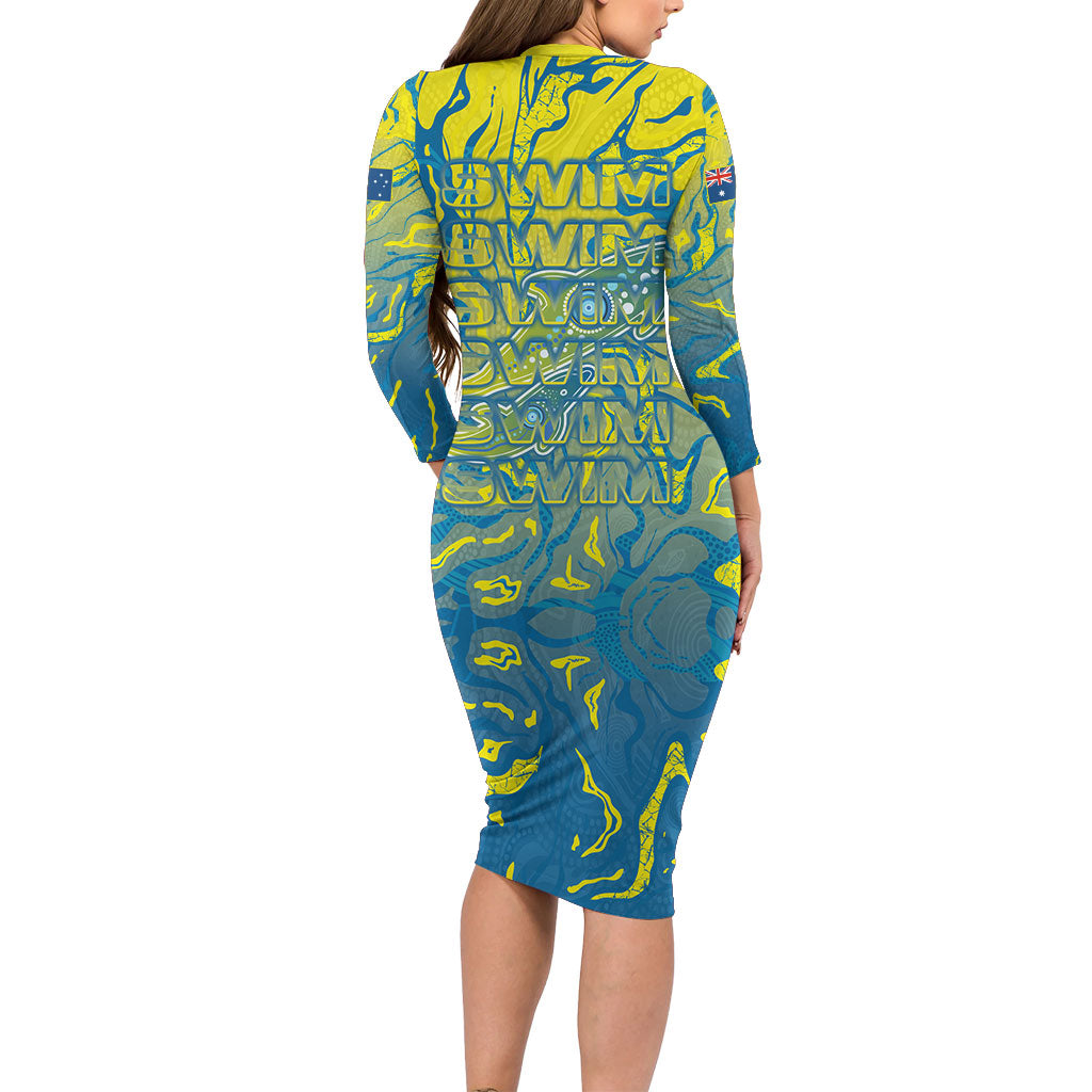 Australia National Swimming Team Family Matching Long Sleeve Bodycon Dress and Hawaiian Shirt Aboriginal Shark Dot Pattern Ocean Art