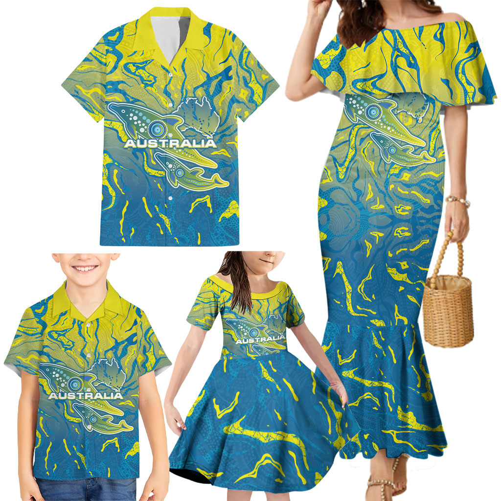 Australia National Swimming Team Family Matching Mermaid Dress and Hawaiian Shirt Aboriginal Shark Dot Pattern Ocean Art