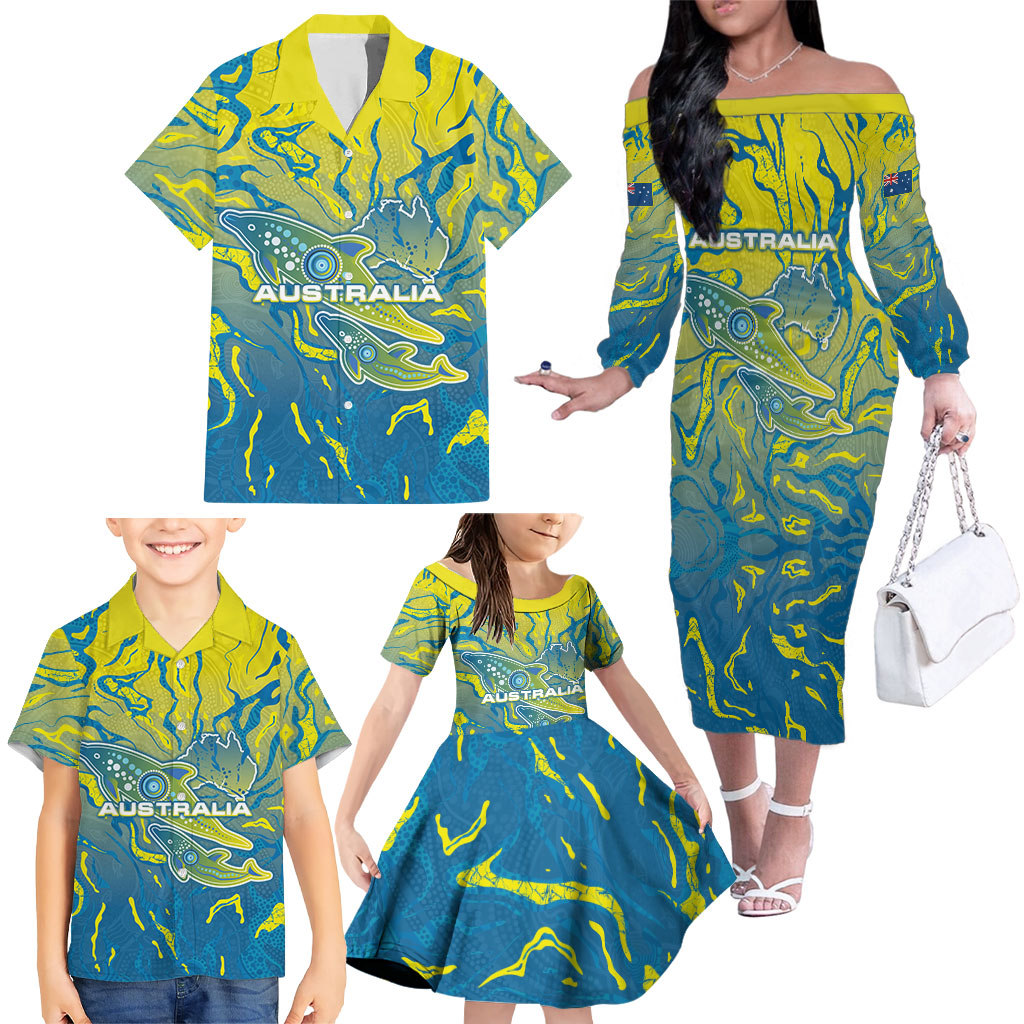Australia National Swimming Team Family Matching Off The Shoulder Long Sleeve Dress and Hawaiian Shirt Aboriginal Shark Dot Pattern Ocean Art