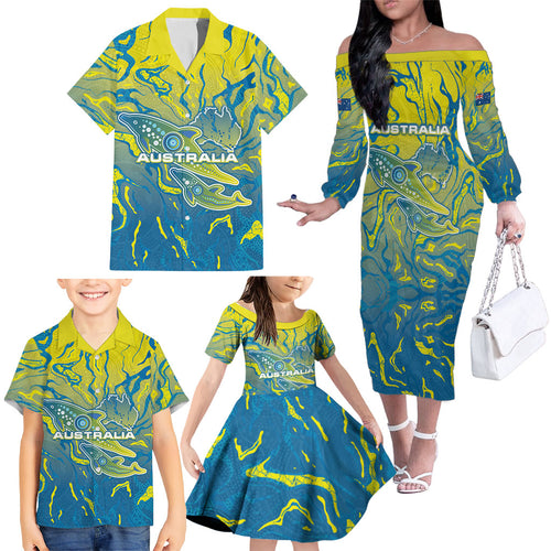 Australia National Swimming Team Family Matching Off The Shoulder Long Sleeve Dress and Hawaiian Shirt Aboriginal Shark Dot Pattern Ocean Art