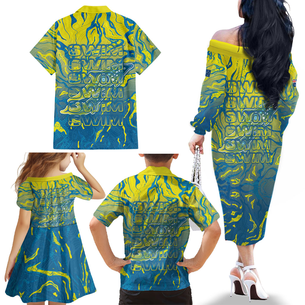 Australia National Swimming Team Family Matching Off The Shoulder Long Sleeve Dress and Hawaiian Shirt Aboriginal Shark Dot Pattern Ocean Art