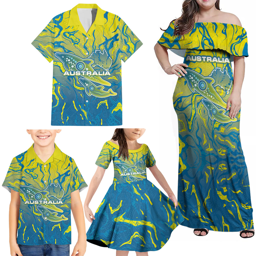 Australia National Swimming Team Family Matching Off Shoulder Maxi Dress and Hawaiian Shirt Aboriginal Shark Dot Pattern Ocean Art