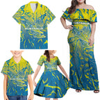 Australia National Swimming Team Family Matching Off Shoulder Maxi Dress and Hawaiian Shirt Aboriginal Shark Dot Pattern Ocean Art