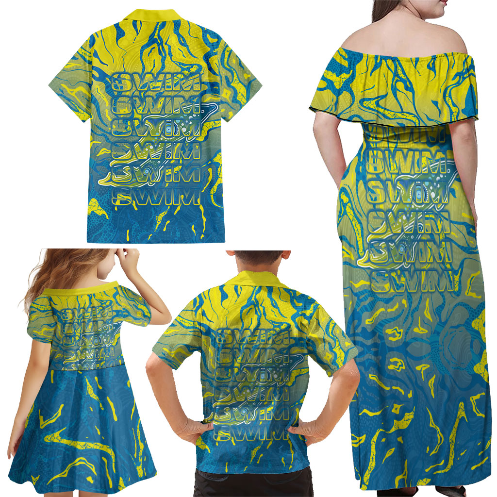 Australia National Swimming Team Family Matching Off Shoulder Maxi Dress and Hawaiian Shirt Aboriginal Shark Dot Pattern Ocean Art