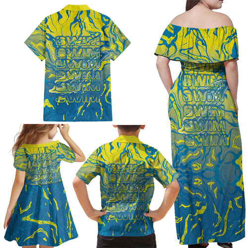 Australia National Swimming Team Family Matching Off Shoulder Maxi Dress and Hawaiian Shirt Aboriginal Shark Dot Pattern Ocean Art