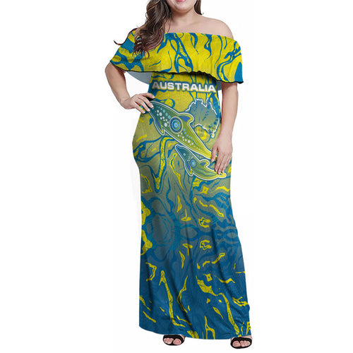 Australia National Swimming Team Family Matching Off Shoulder Maxi Dress and Hawaiian Shirt Aboriginal Shark Dot Pattern Ocean Art