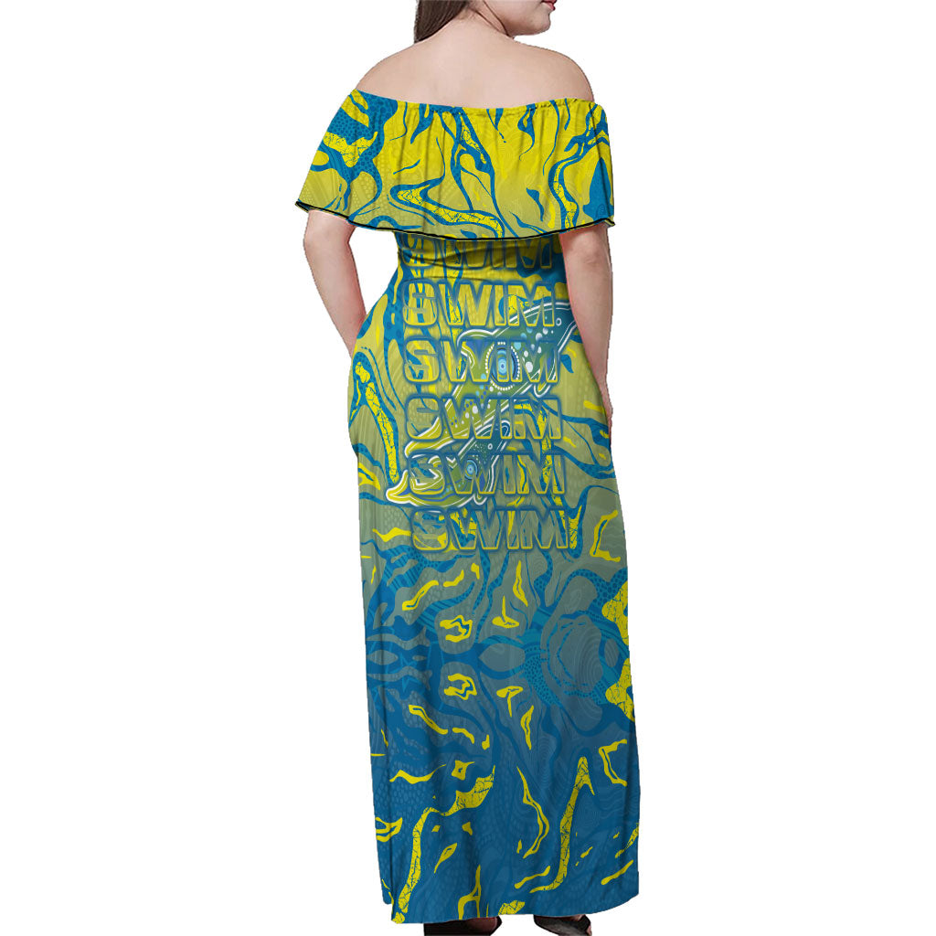 Australia National Swimming Team Family Matching Off Shoulder Maxi Dress and Hawaiian Shirt Aboriginal Shark Dot Pattern Ocean Art