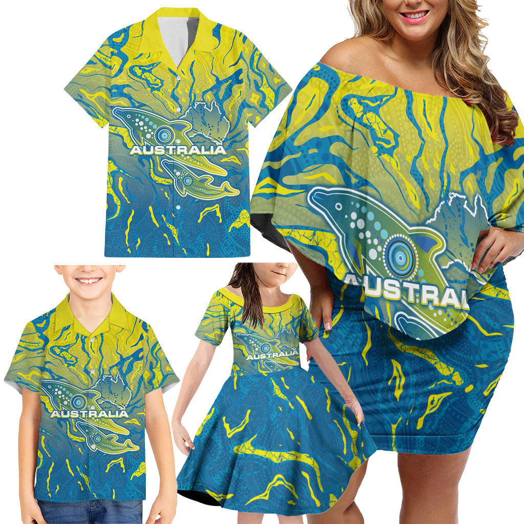 Australia National Swimming Team Family Matching Off Shoulder Short Dress and Hawaiian Shirt Aboriginal Shark Dot Pattern Ocean Art