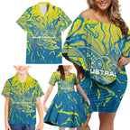 Australia National Swimming Team Family Matching Off Shoulder Short Dress and Hawaiian Shirt Aboriginal Shark Dot Pattern Ocean Art
